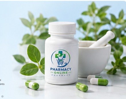 Pharmacy bottle, mortar and green leaves
